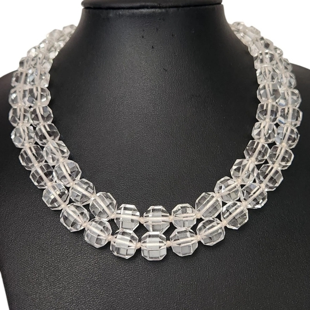 Vintage Sterling Silver Clasp 2 Strand Clear Faceted Crystal Glass Necklace 16"